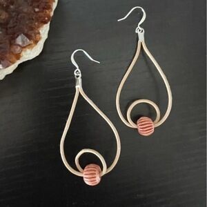 2/$29 Handmade Tan Leather Teardrop Double Hoop Earring Coral Carved Wood Bead